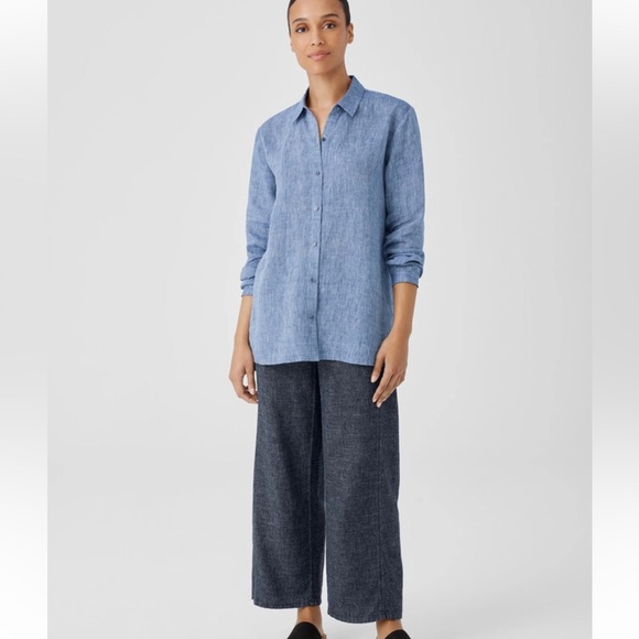 $169 Eileen Fisher Yarn-Dyed Handkerchief Organic Linen Shirt size large blue - Picture 2 of 11